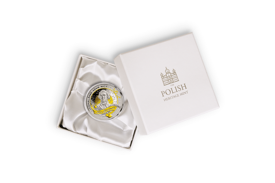Adam Mickiewicz (1798-1855) Commemorative Medallion • 1 Ounce .999 Silver Proof • 45 mm • 24-ct Gold Accents