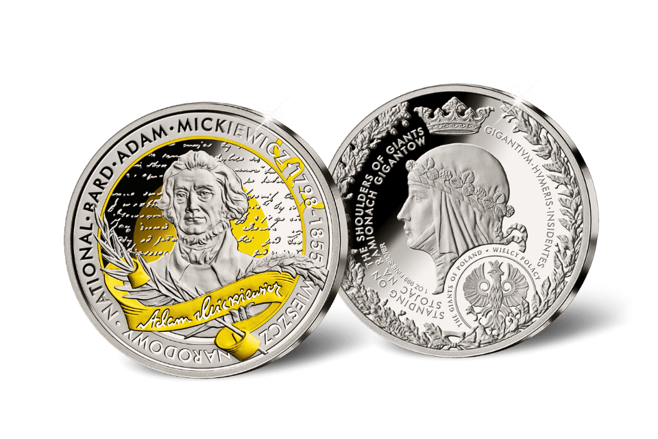 Adam Mickiewicz (1798-1855) Commemorative Medallion • 1 Ounce .999 Silver Proof • 45 mm • 24-ct Gold Accents