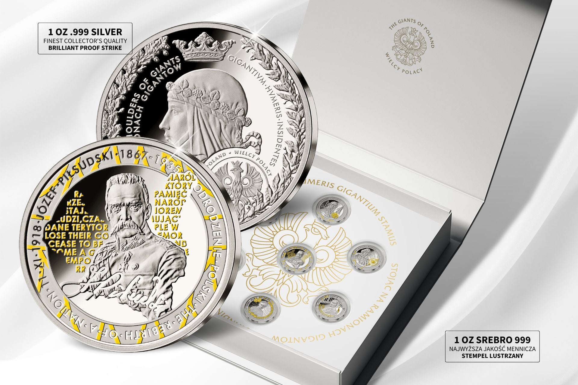 The Giants of Poland • #1 Józef Piłsudski (1867-1935) • 1 Ounce .999 Silver Proof • 45 mm • 24-ct Gold Accents